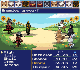 A battle in the Sunflower Fields: Sparrow foot-soldiers on the left face the four Knights on the right