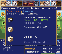 A Sparrow's Spear Jab hits Henry for 7; his Reed Shield blocks 6
