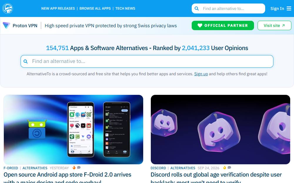 Screenshot of AlternativeTo